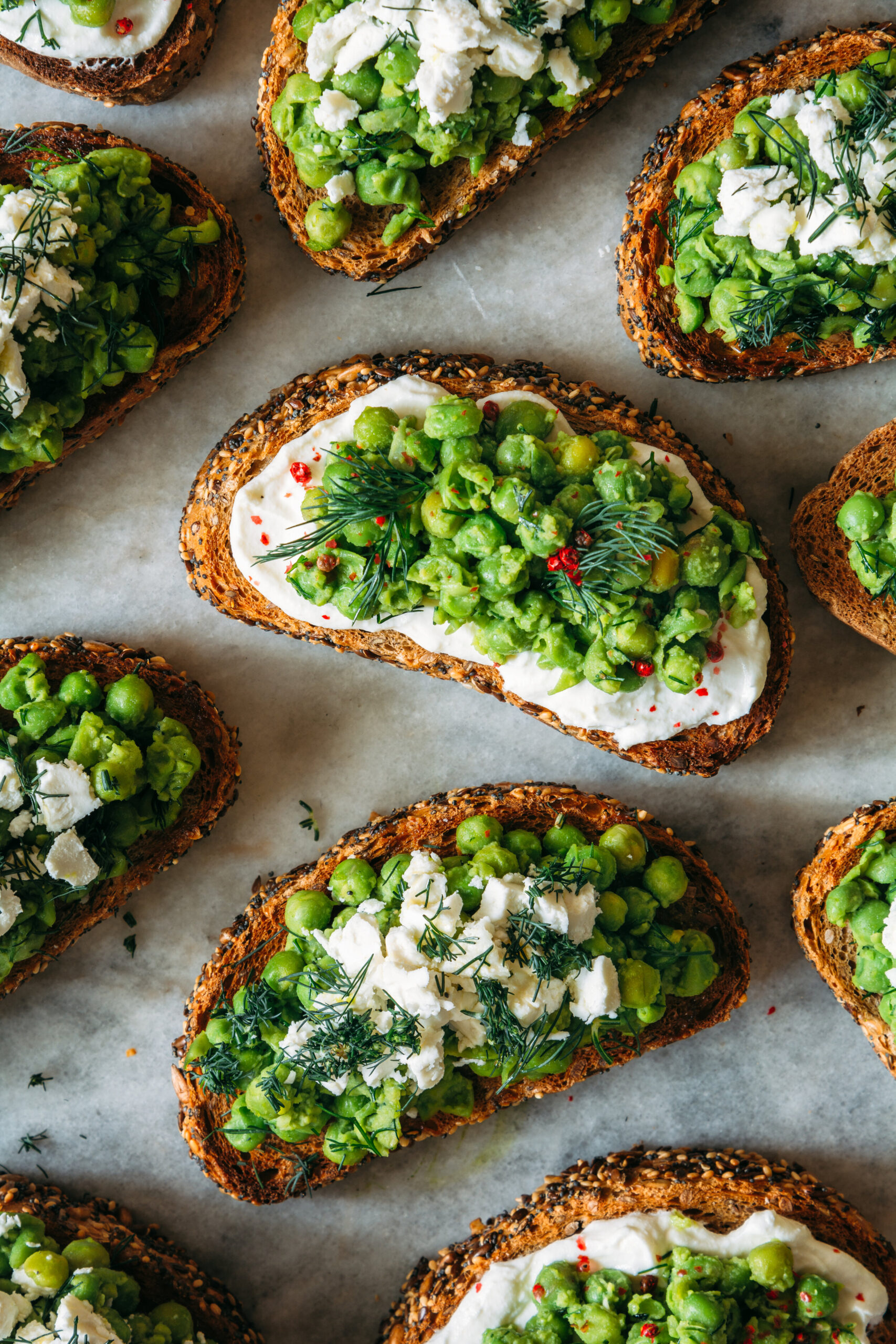 Pea and goat cheese crostini